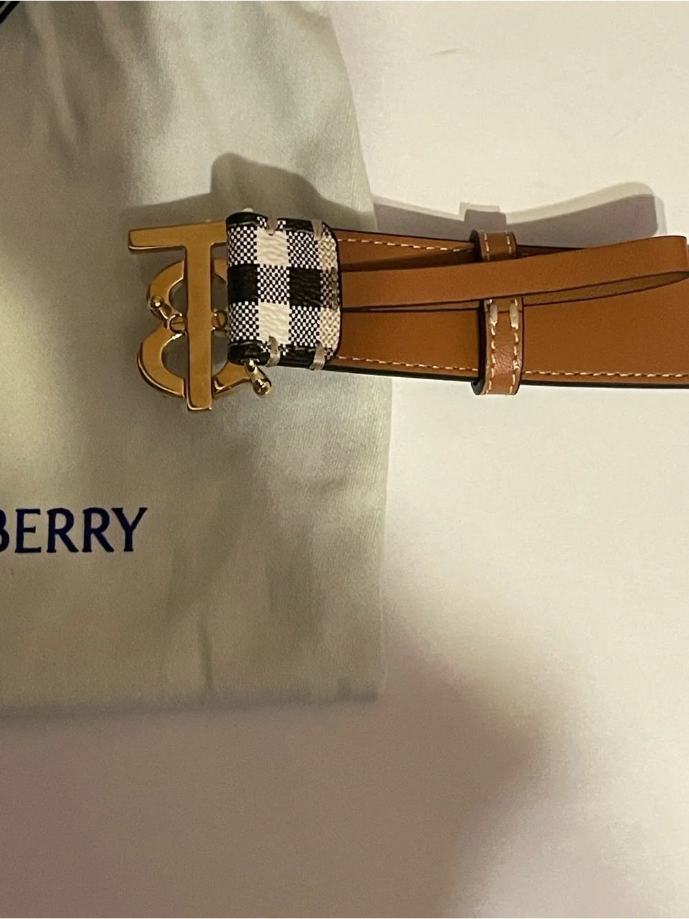 New authentic Burberry Beige Check TB Buckle Belt with Tan Leather